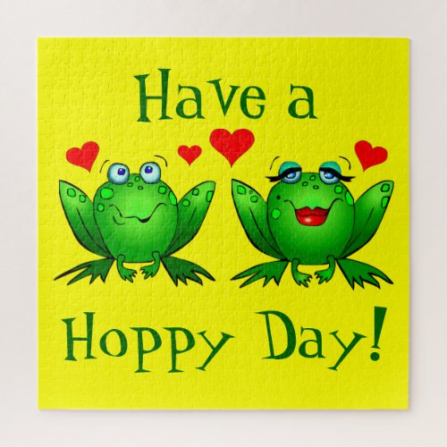 Have a Hoppy Day Cute Cartoon Frogs Green Yellow Jigsaw Puzzle