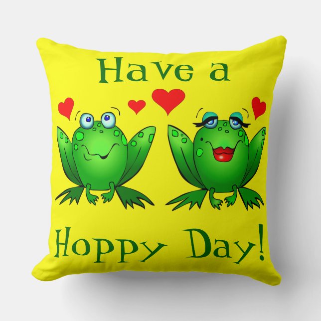 Have a Hoppy Day Cute Cartoon Frogs Throw Pillow (Front)
