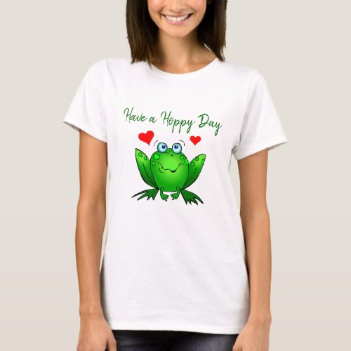 Have a Hoppy Day Cute Green Frog w Hearts T_Shirt