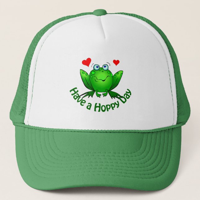 Have a Hoppy Day Cute Green Frog w Hearts Trucker Hat (Front)