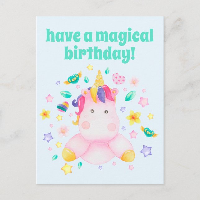 Have a Magical Birthday, Cute Kids Unicorn Postcard (Front)