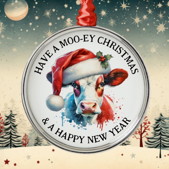 Have a Merry Christmas | Funny Cow in Santa Hat Metal Ornament (Creator Uploaded)
