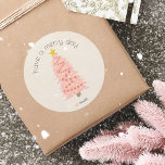Have A Merry Day Custom Name Pink Christmas Tree Classic Round Sticker<br><div class="desc">Pretty rose quartz millennial pink and coral monochromatic hand drawn decorated christmas tree with a golden star. simple,  minimal,  feminine aesthetic</div>