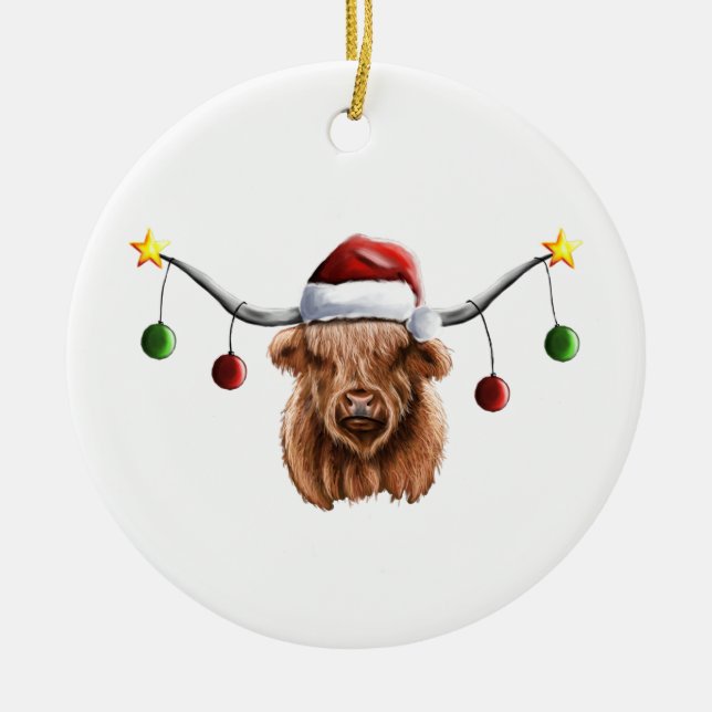 Have a Merry Hielan Coo Christmas Ceramic Ornament (Front)