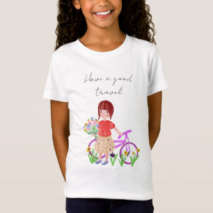 Have a nice trip, postcard. Cartoon girl with a bi T-Shirt