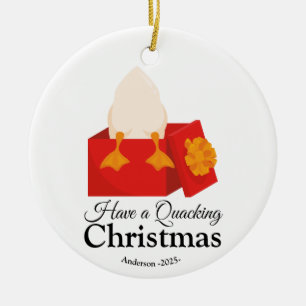 Have a Quacking Christmas funny cute Duck in box Ceramic Ornament