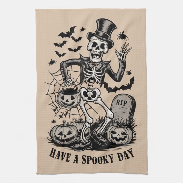 Have a spooky Day Halloween Witch Skeleton  Kitchen Towel (Vertical)