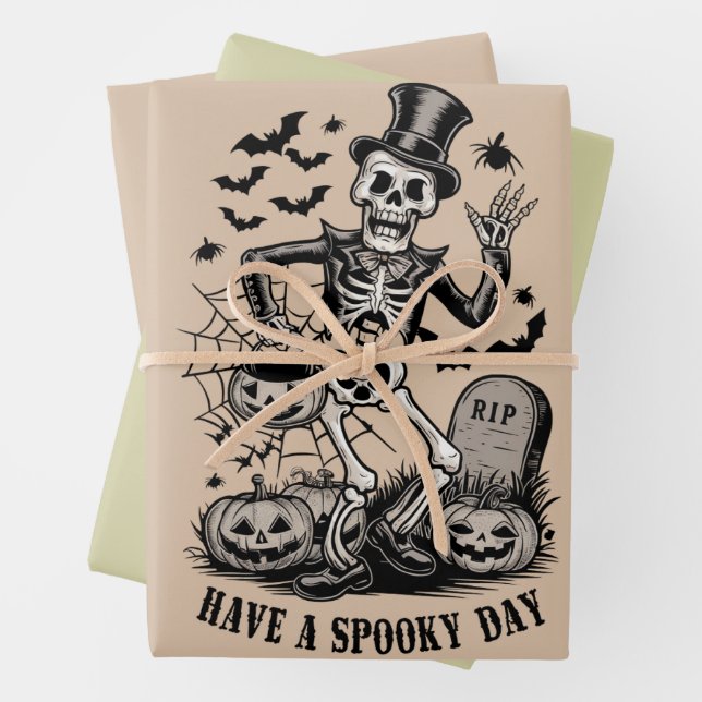 Have a spooky Day Halloween Witch Skeleton  Wrapping Paper Sheets (In situ)