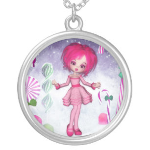 Have a Sweet Christmas :: Pink Cookie Poser Girl Silver Plated Necklace