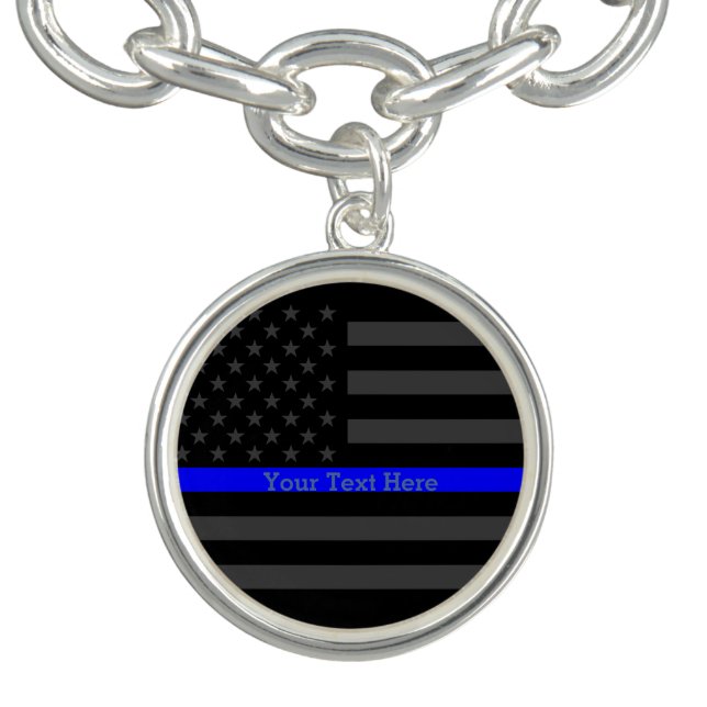 Have a Text Thin Blue Line Custom Grey US Flag Bracelet (Design)