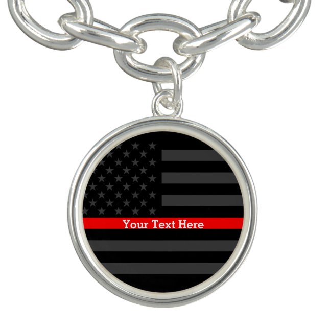 Have a Text Thin Red Line Custom Grey US Flag on a Charm Bracelet (Design)