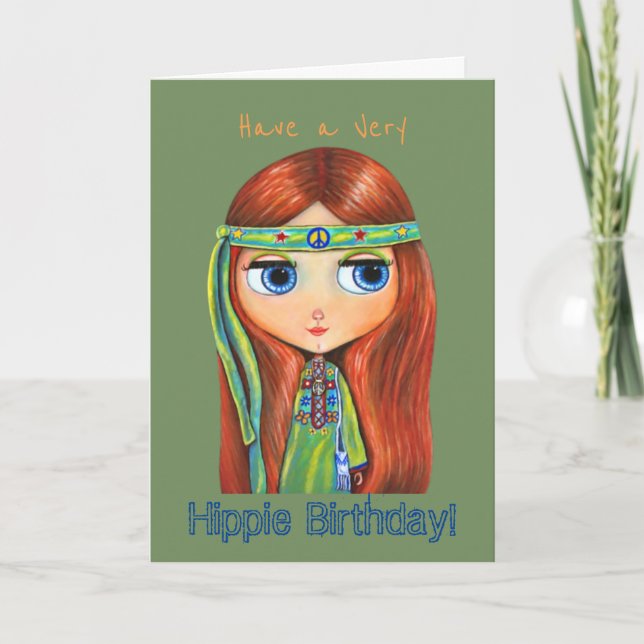 Have A Very Hippie Birthday! Big Eye Hippie Chick Card (Front)