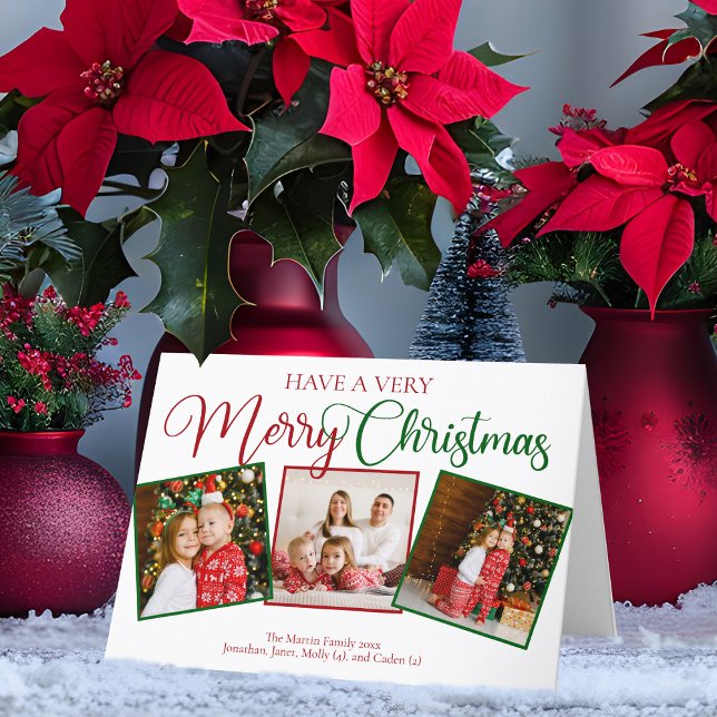 Have a Very Merry Christmas 3 Photo Red Green Holiday Card (Creator Uploaded)