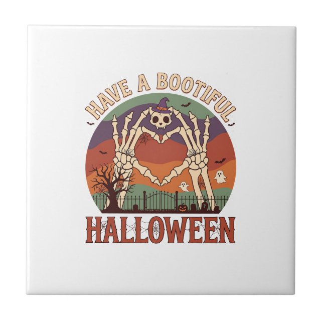 Have Bootiful Halloween Skeleton Hands Cat Skull W Ceramic Tile (Front)