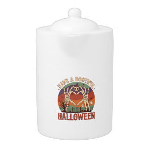 Have Bootiful Halloween Skeleton Hands Cat Skull W Teapot
