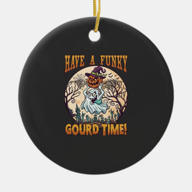 Have Funky Gourd Time Ghost Pumpkin Graveyard Ceramic Ornament (Front)