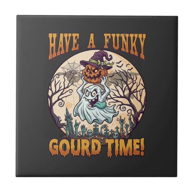 Have Funky Gourd Time Ghost Pumpkin Graveyard Ceramic Tile (Front)
