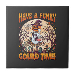 Have Funky Gourd Time Halloween Ghost Pumpkin_1 Ceramic Tile