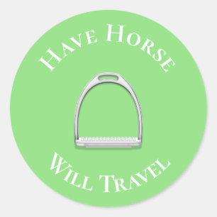 "Have Horse Will Travel" Stirrup Iron Lime Green Classic Round Sticker