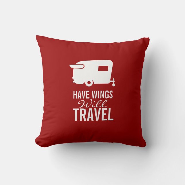 Have Wings Will Travel - Shasta Camper Trailer Throw Pillow (Front)