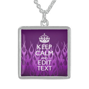 Have Your Text Keep Calm on Purple Racing Flames Sterling Silver Necklace