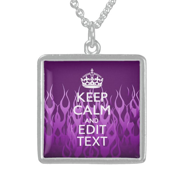 Have Your Text Keep Calm on Purple Racing Flames Sterling Silver Necklace (Front)