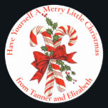 Have Yourself A Merry Candy Cane Christmas Custom Classic Round Sticker<br><div class="desc">These cute Christmas stickers feature two red and white striped candy canes tied in a red bow and a sprig holly with the words "Have Yourself A Merry Little Christmas".  Personalize by adding your name(s).  Makes an adorable holiday gift tag!</div>