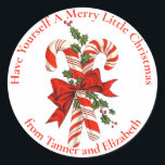 Have Yourself A Merry Candy Cane Christmas Custom Classic Round Sticker<br><div class="desc">These cute Christmas stickers feature two red and white striped candy canes tied in a red bow and a sprig holly with the words "Have Yourself A Merry Little Christmas".  Personalize by adding your name(s).  Makes an adorable holiday gift tag!</div>