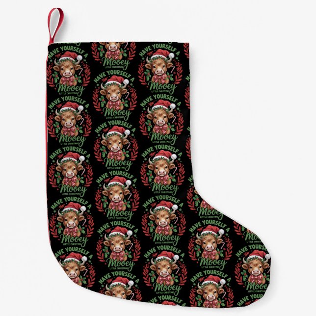 Have Yourself A Mooey Little Xmas Highland Cow Small Christmas Stocking (Front)