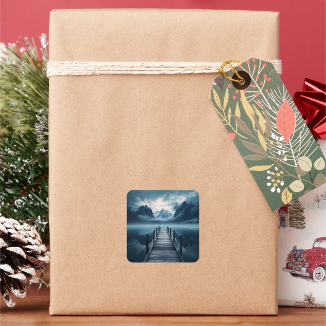 Haven Mountain Lakeside Horizon Landscape Square Sticker (Holiday)