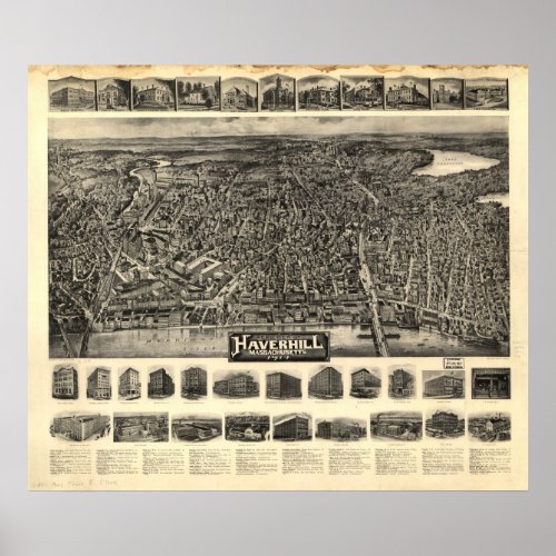 Haverhill Mass 1914 Antique Panoramic Map Poster