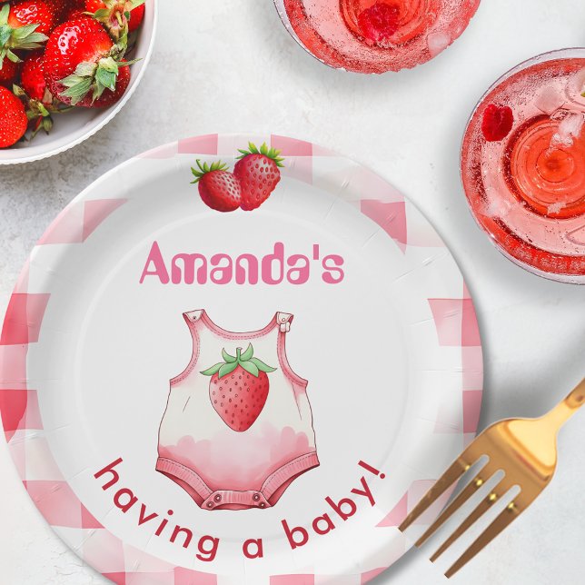 Having a Baby Shower Gingham Strawberry Cute Party Paper Plates (Mother-to-be is having a baby strawberry picnic gingham party tableware watercolor cute cottagecore)