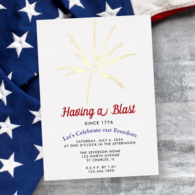Having a Blast Gold Fireworks July 4th Party Foil Invitation (Creator Uploaded)