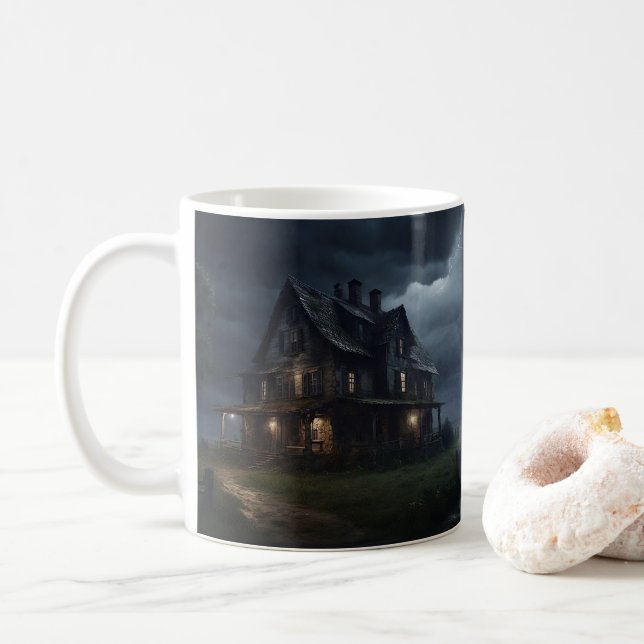 Having my coffee at The Haunted Farmhouse Mug (With Donut)