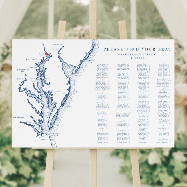 Havre de Grace Alphabetized Seating Chart for 200 Foam Board (Havre de Grace Maryland Wedding 200 guest alphabetized seating chart with elegant navy blue map)