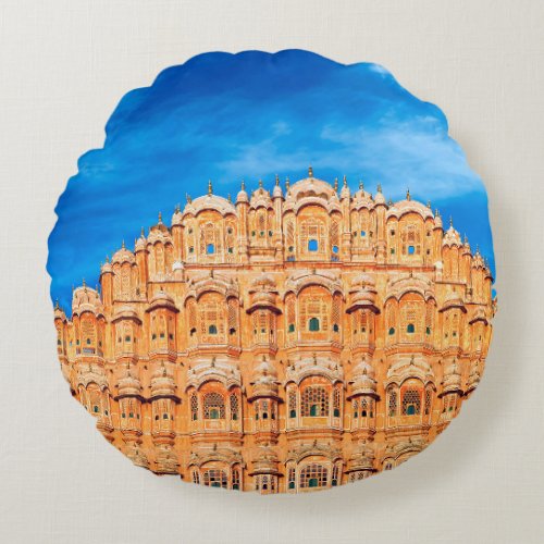 Hawa Mahal Palace Indian landmark illustration Round Pillow