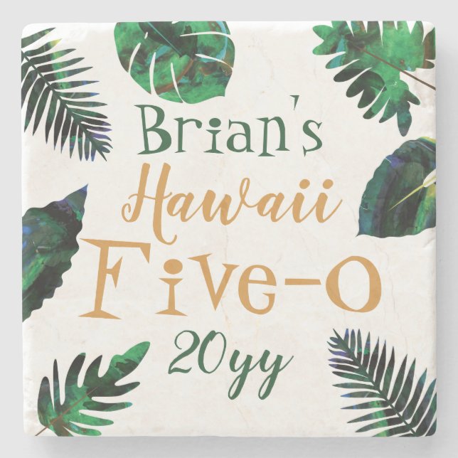 Hawaii 5-0 Keepsake Bold Green Tropical Leaves Stone Coaster (Front)