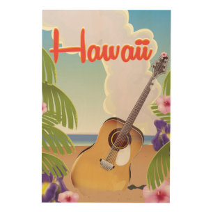 Hawaii acoustic guitar vintage travel poster. wood wall decor