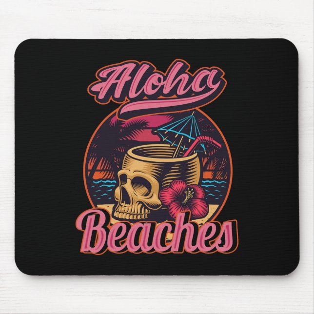 Hawaii Aloha Beaches Tropical Goth Skeleton Skull  Mouse Pad (Front)
