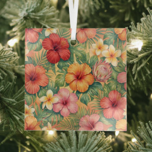 Hawaii aloha decorative flowers pattern glass ornament