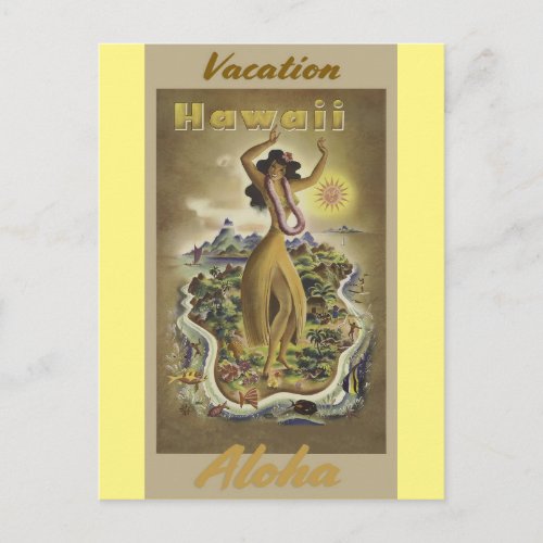 Hawaii Aloha Hula Dancer Vintage Travel Poster Postcard