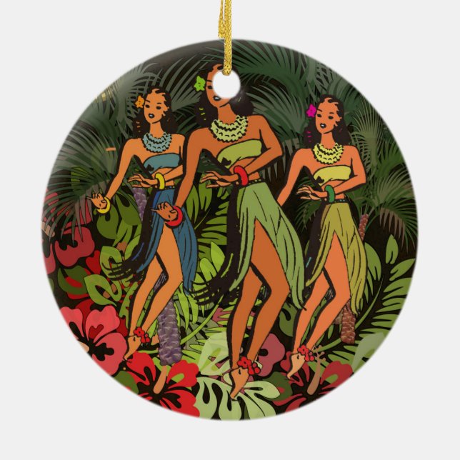 Hawaii Aloha Palm Hula Art Design Ceramic Ornament (Back)