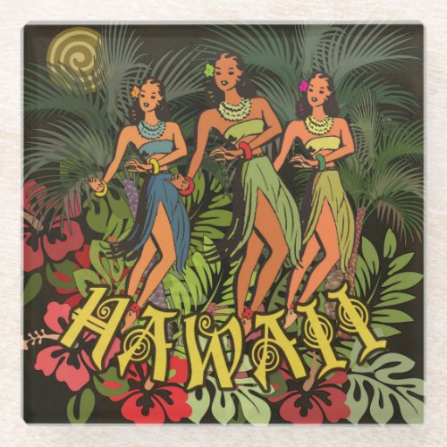 Hawaii Aloha Palm Hula Art Design Glass Coaster