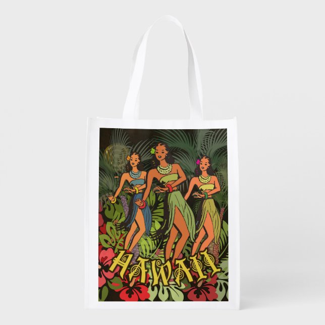Hawaii Aloha Palm Hula Art Design Reusable Grocery Bag (Back)