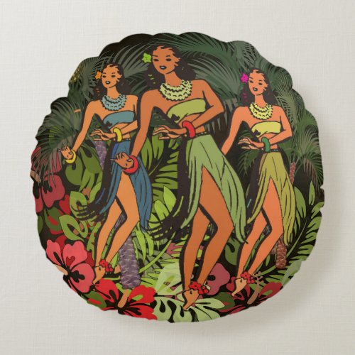 Hawaii Aloha Palm Hula Art Design Round Pillow