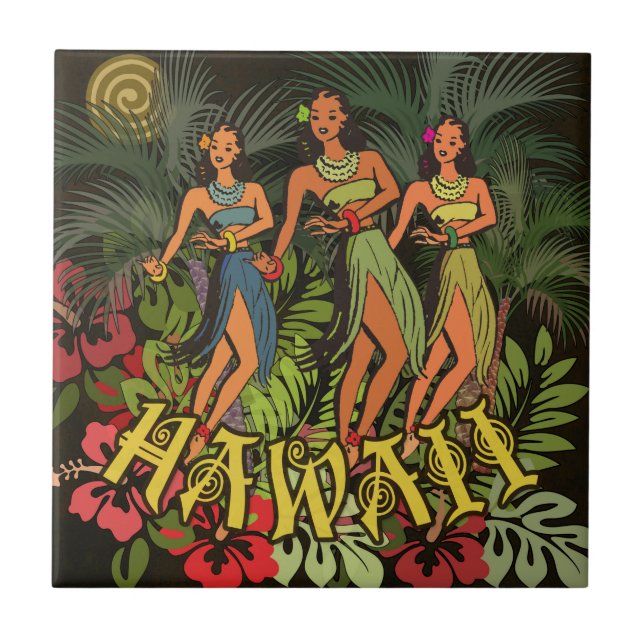 Hawaii Aloha Palm Hula Art Design Tile (Front)