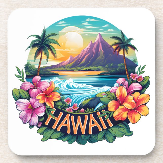 Hawaii Aloha Tropical Beach Mountains Travel  Beverage Coaster (Front)