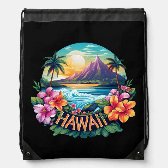 Hawaii Aloha Tropical Beach Mountains Travel Drawstring Bag (Front)