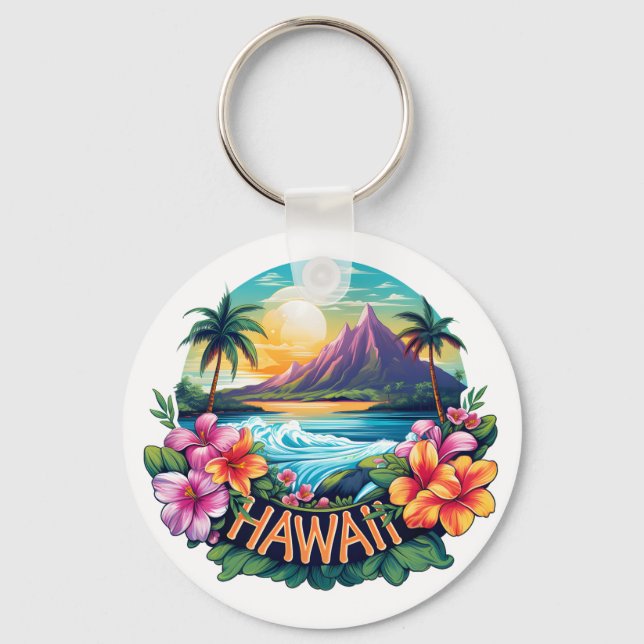 Hawaii Aloha Tropical Beach Mountains Travel Keychain (Back)