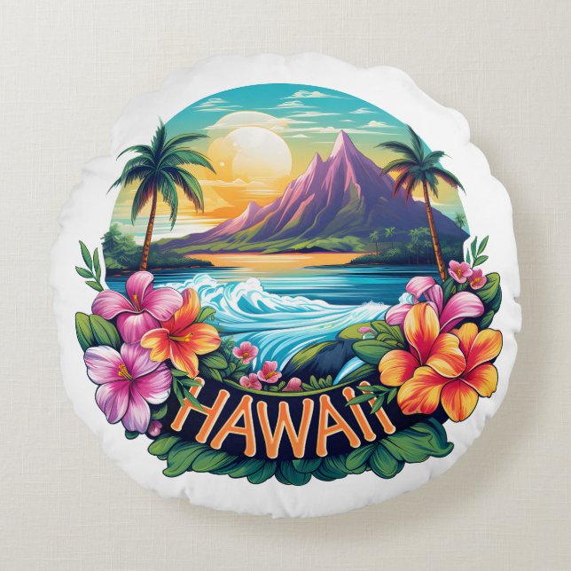 Hawaii Aloha Tropical Beach Mountains Travel Round Pillow (Front)
